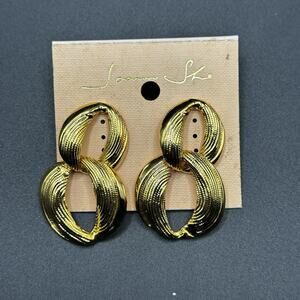 Vintage Large Gold Tone Textured Door Knocker Earrings Pierced NOS 80s